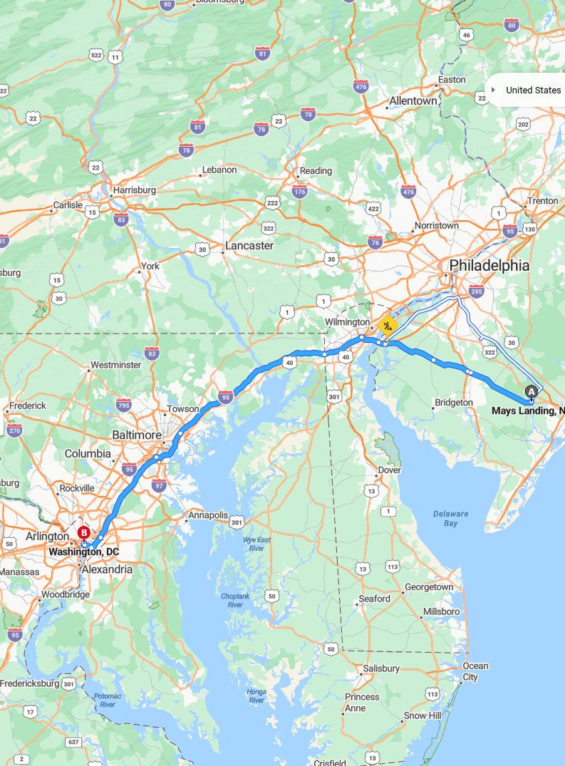 driving from Mays Landing, New Jersey to WashingtonDistrict of Columbia - map and route