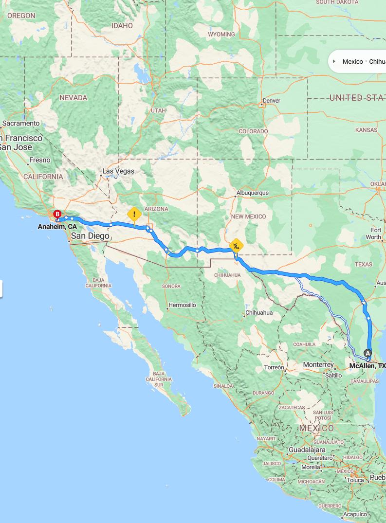 driving from McAllen, Texas to AnaheimCalifornia - map and route