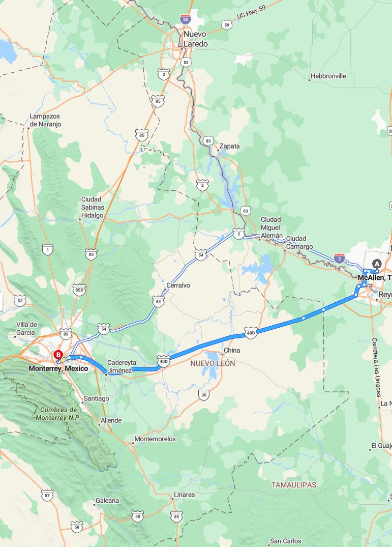 driving from McAllen, Texas to MonterreyNuevo Leon - map and route