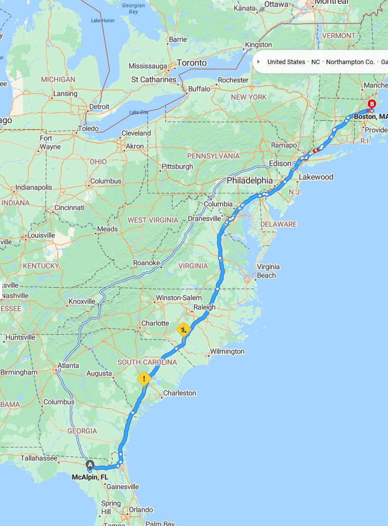 driving from McAlpin, Florida to BostonMassachusetts - map and route