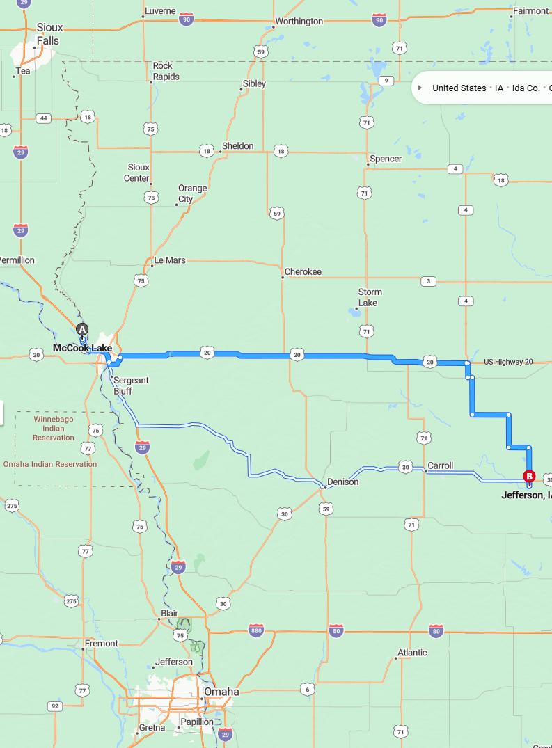 driving from McCook Lake, South Dakota to JeffersonIowa - map and route
