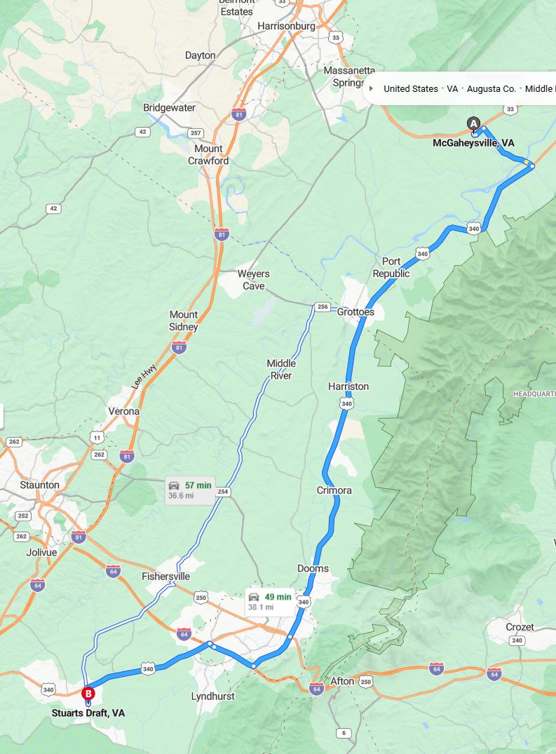 driving from McGaheysville, Virginia to Stuarts DraftVirginia - map and route