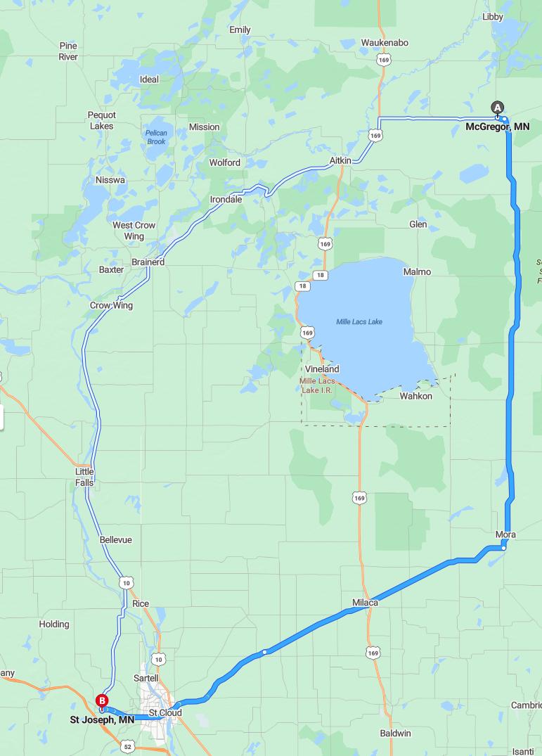 driving from McGregor, Minnesota to St. JosephMinnesota - map and route