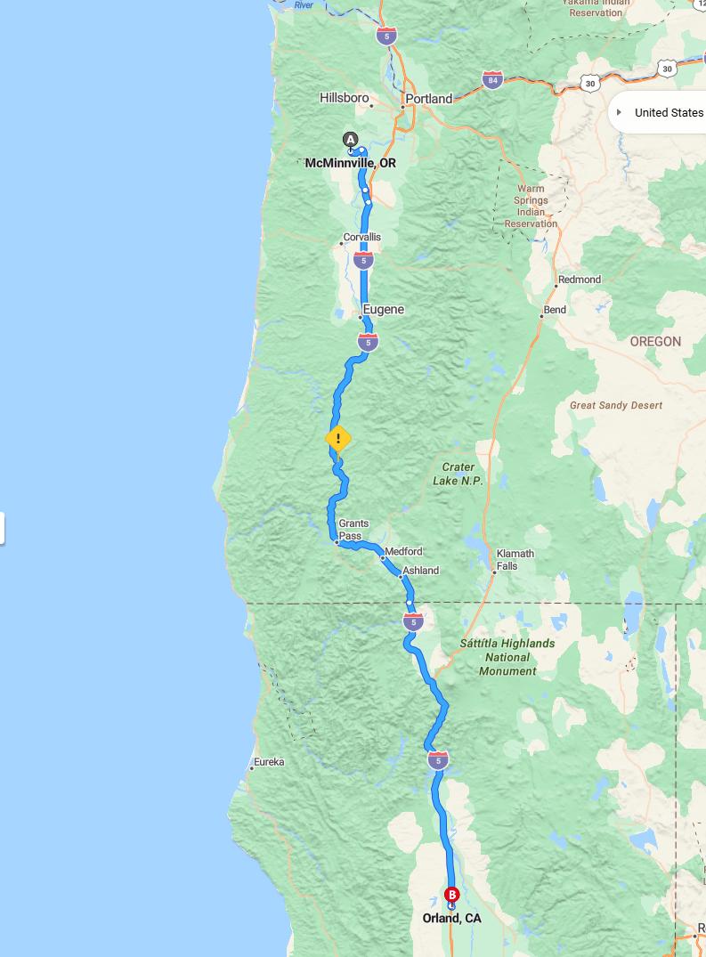 driving from McMinnville, Oregon to OrlandCalifornia - map and route