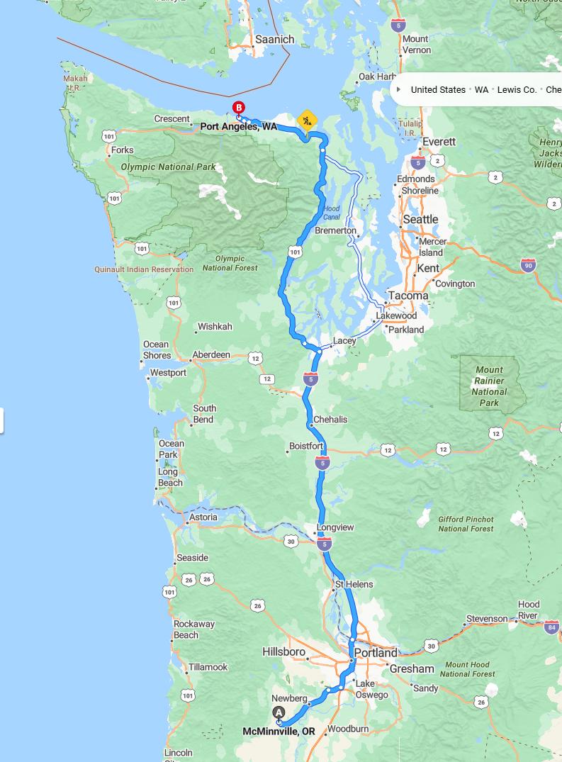 driving from McMinnville, Oregon to Port AngelesWashington - map and route