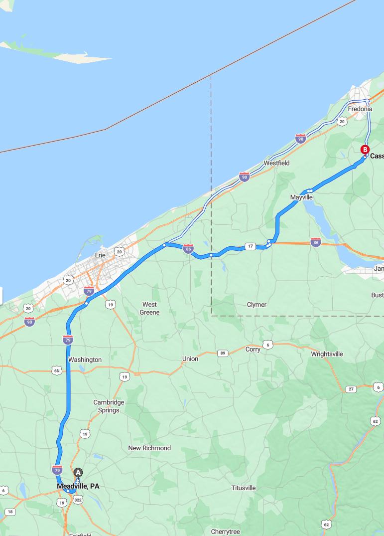 driving from Meadville, Pennsylvania to CassadagaNew York - map and route