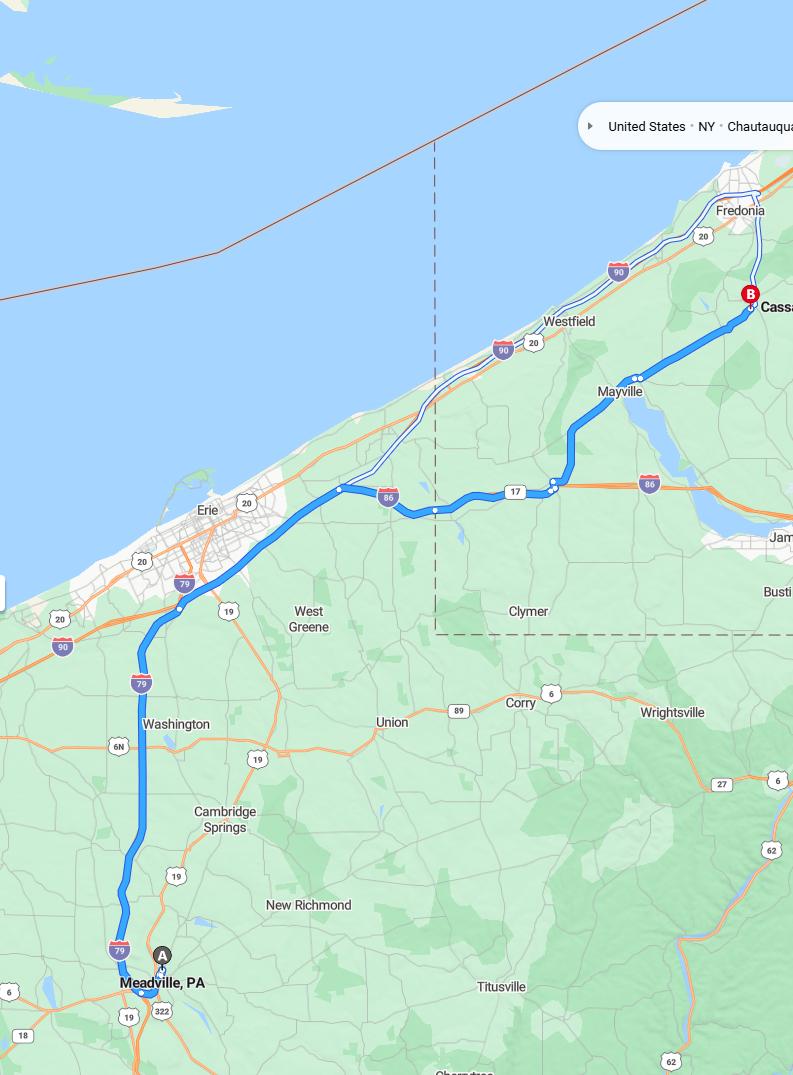driving from Meadville, Pennsylvania to CassadaNew York - map and route