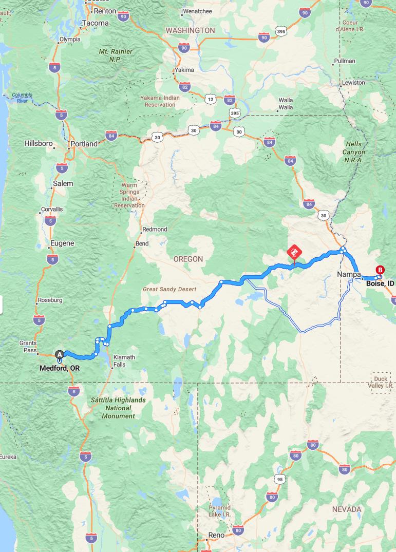 driving from Medford, Oregon to BoiseIdaho - map and route