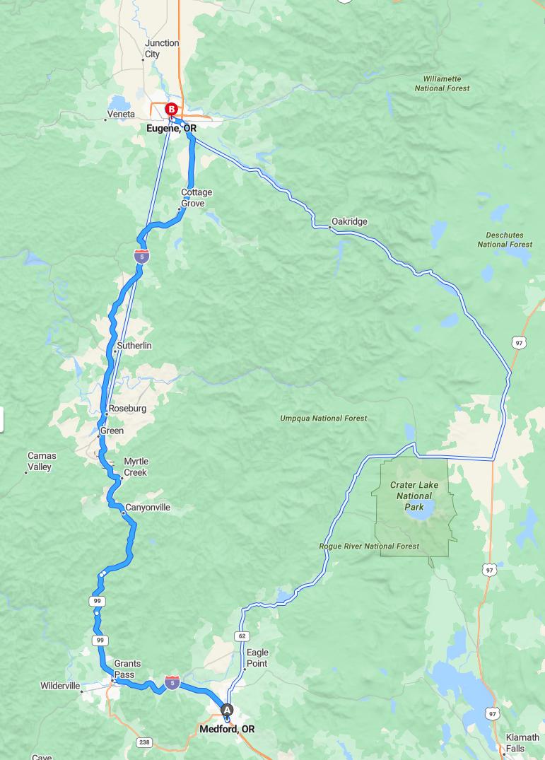 driving from Medford, Oregon to EugeneOregon - map and route
