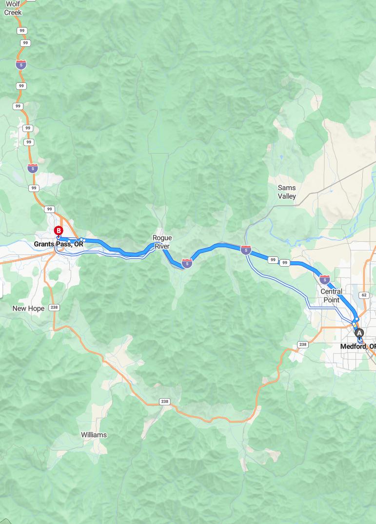 driving from Medford, Oregon to Grants PassOregon - map and route