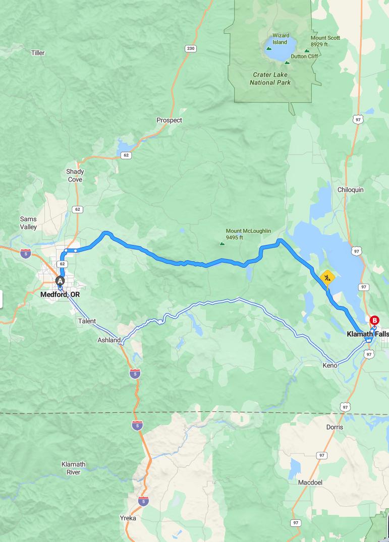 driving from Medford, Oregon to Klamath FallsOregon - map and route