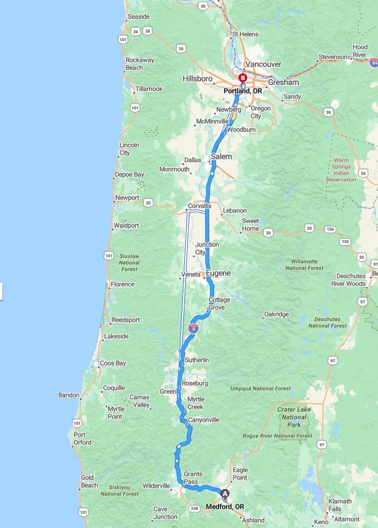 driving from Medford, Oregon to PortlandOregon - map and route