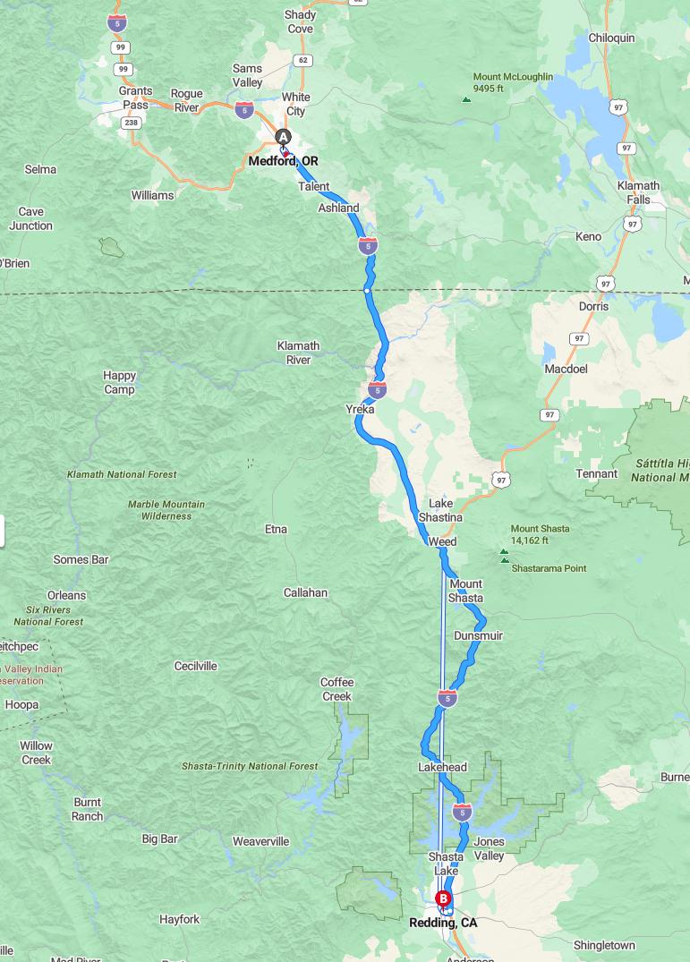 driving from Medford, Oregon to ReddingCalifornia - map and route