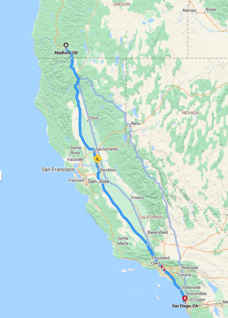 driving from Medford, Oregon to San DiegoCalifornia - map and route