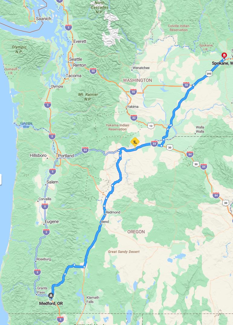 driving from Medford, Oregon to SpokaneWashington - map and route