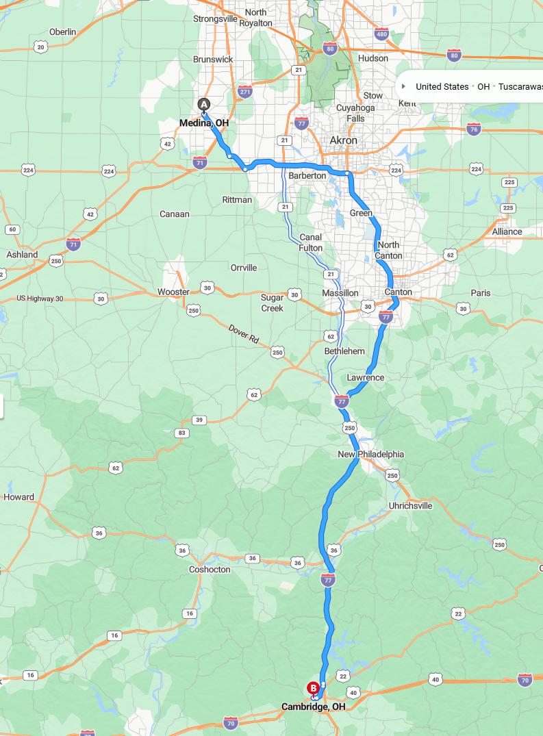 driving from Medina, Ohio to CambridgeOhio - map and route