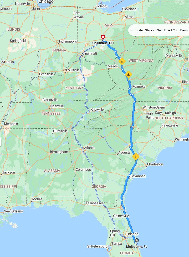 driving from Melbourne, Florida to ColumbusOhio - map and route