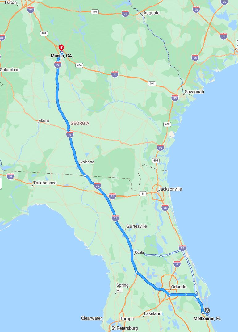 driving from Melbourne, Florida to MaconGeorgia - map and route