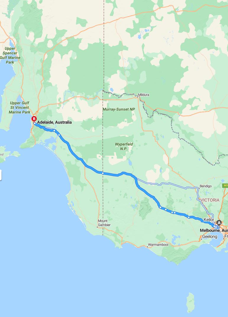 driving from Melbourne, Victoria to AdelaideSouth Australia - map and route