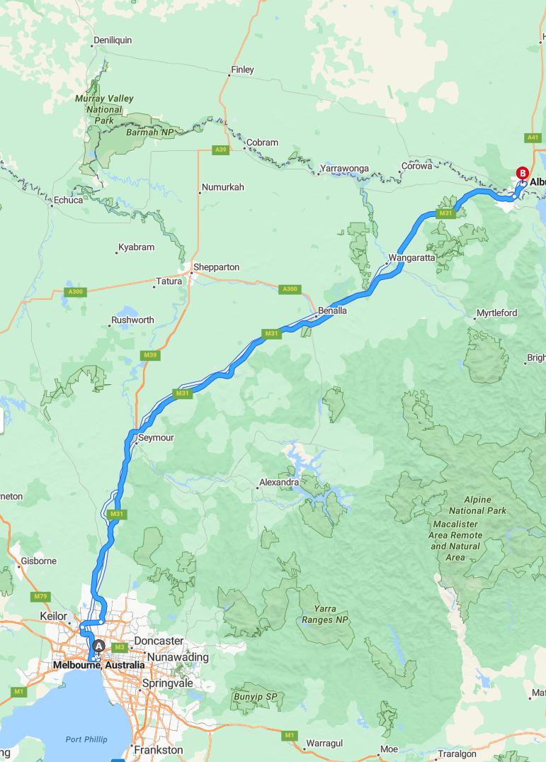 driving from Melbourne, Victoria to AlburyNew South Wales - map and route