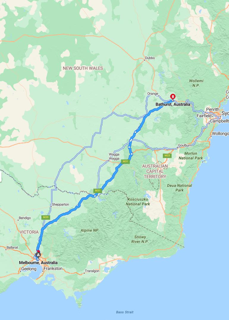 driving from Melbourne, Victoria to BathurstNew South Wales - map and route