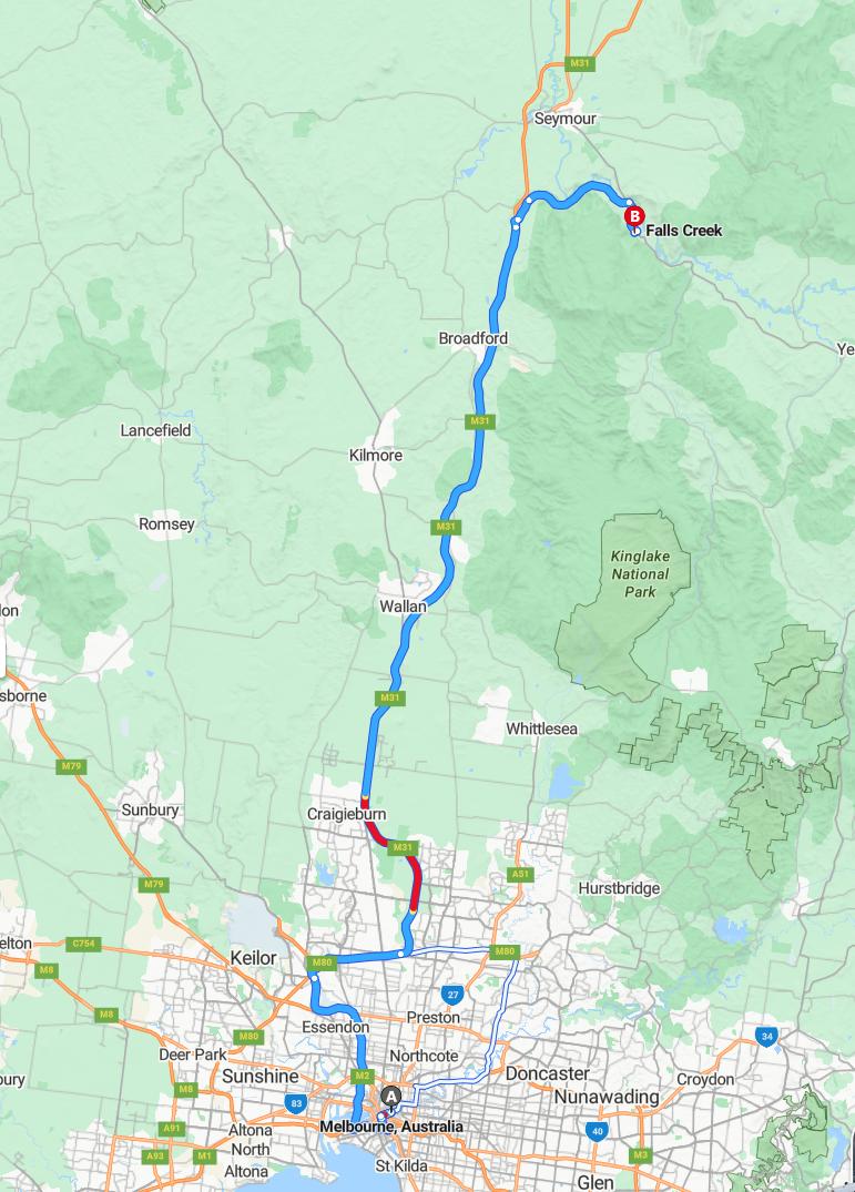 driving from Melbourne, Victoria to Falls CreekVictoria - map and route