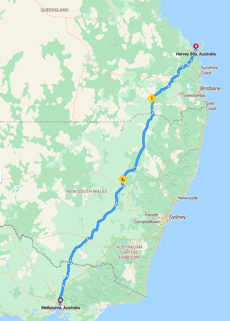 driving from Melbourne, Victoria to Hervey BayQueensland - map and route