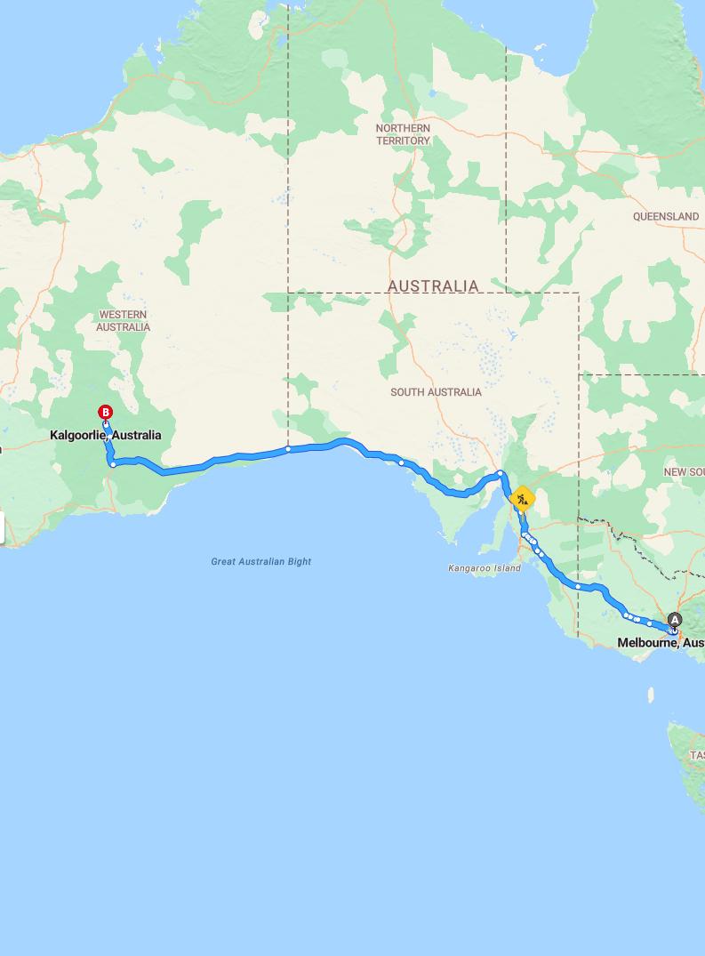 driving from Melbourne, Victoria to KalgoorlieWestern Australia - map and route