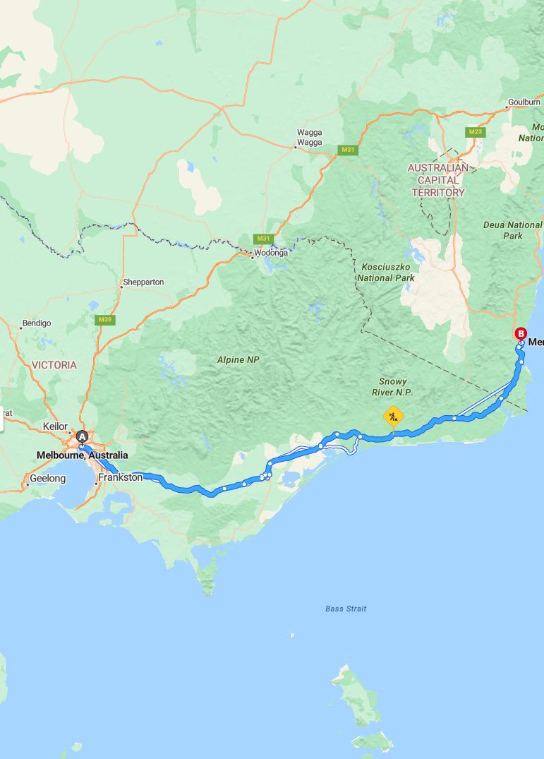 driving from Melbourne, Victoria to MerimbulaNew South Wales - map and route
