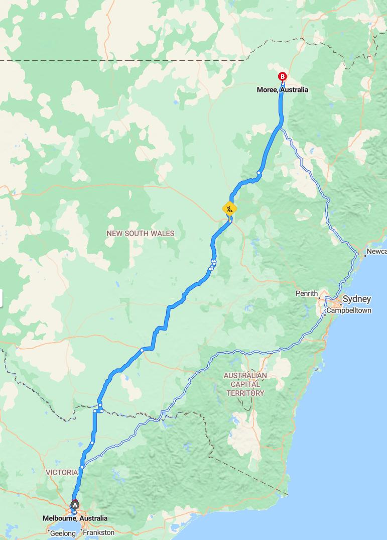 driving from Melbourne, Victoria to MoreeNew South Wales - map and route