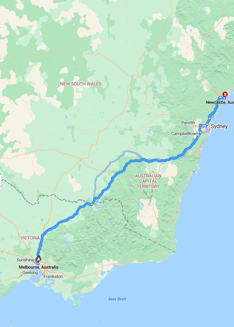driving from Melbourne, Victoria to NewcastleNew South Wales - map and route