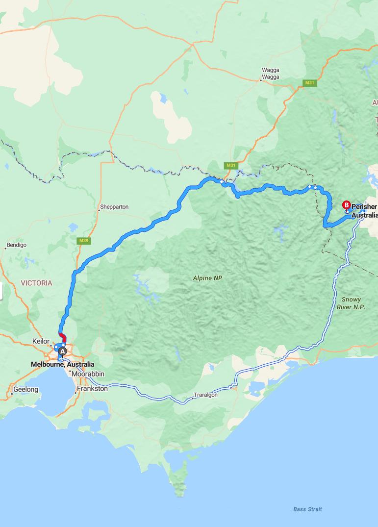 driving from Melbourne, Victoria to PerisherNew South Wales - map and route