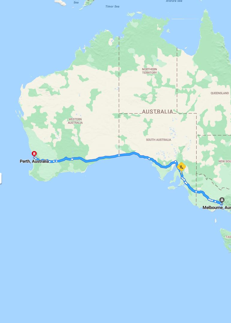 driving from Melbourne, Victoria to PerthWestern Australia - map and route