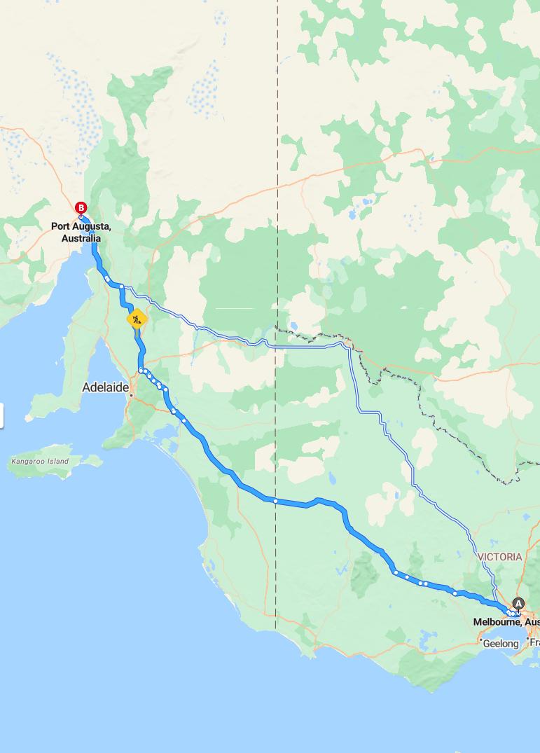 driving from Melbourne, Victoria to Port AugustaSouth Australia - map and route