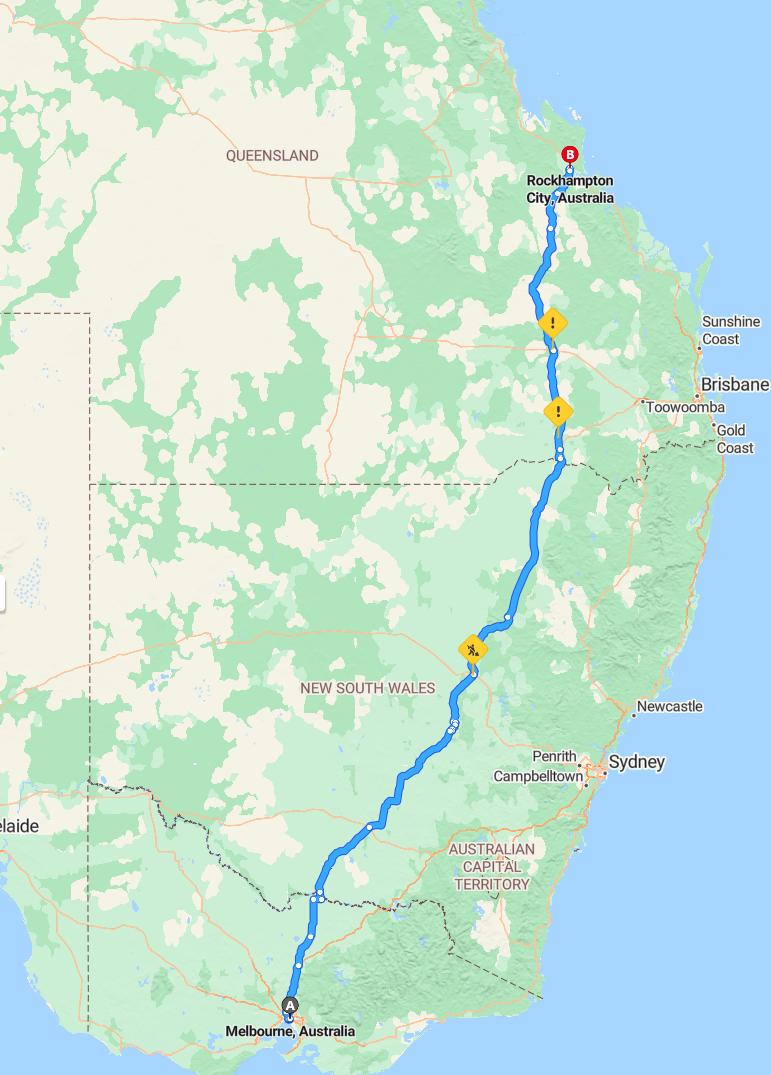 driving from Melbourne, Victoria to RockhamptonQueensland - map and route