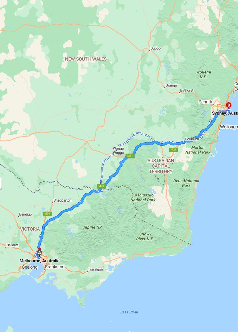 driving from Melbourne, Victoria to SydneyNew South Wales - map and route