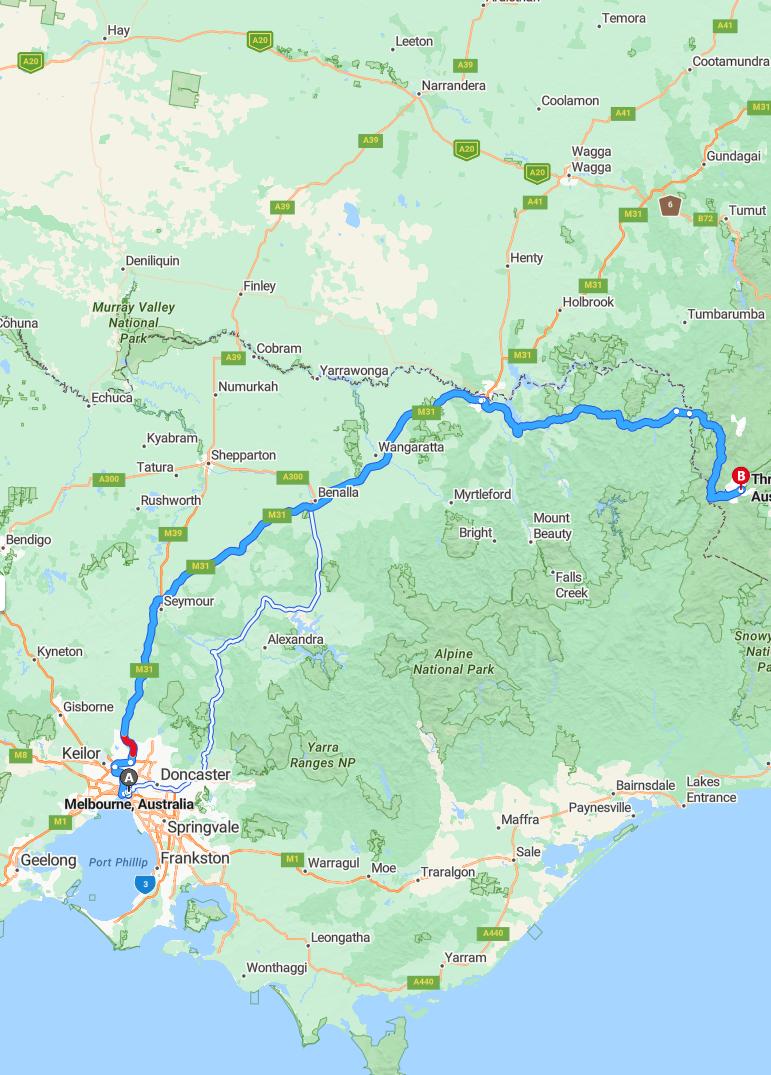 driving from Melbourne, Victoria to ThredboNew South Wales - map and route