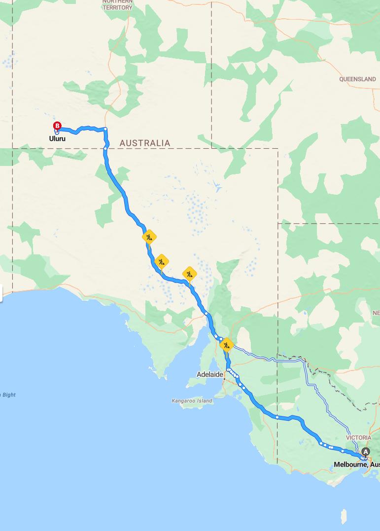 driving from Melbourne, Victoria to UluruNorthern Territory - map and route