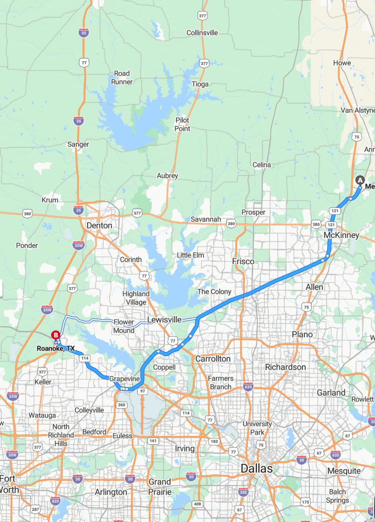 driving from Melissa, Texas to RoanokeTexas - map and route