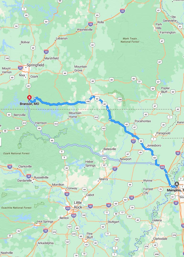 driving from Memphis, Tennessee to BransonMissouri - map and route