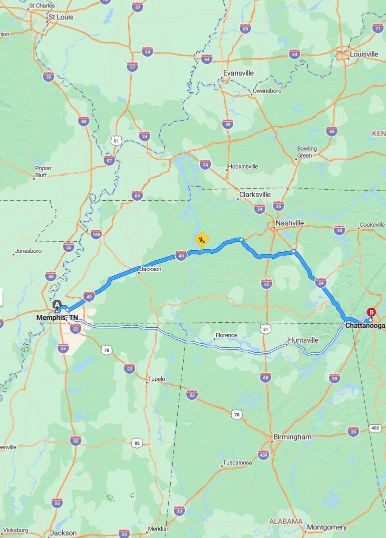driving from Memphis, Tennessee to ChattanoogaTennessee - map and route