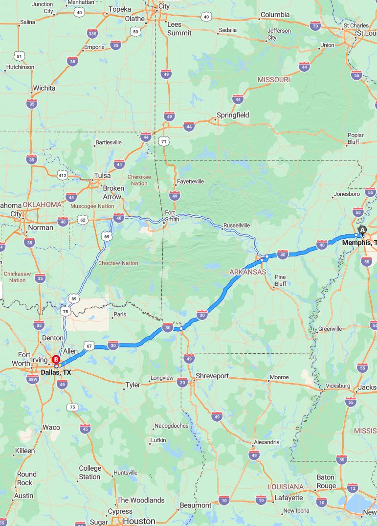 driving from Memphis, Tennessee to DallasTexas - map and route