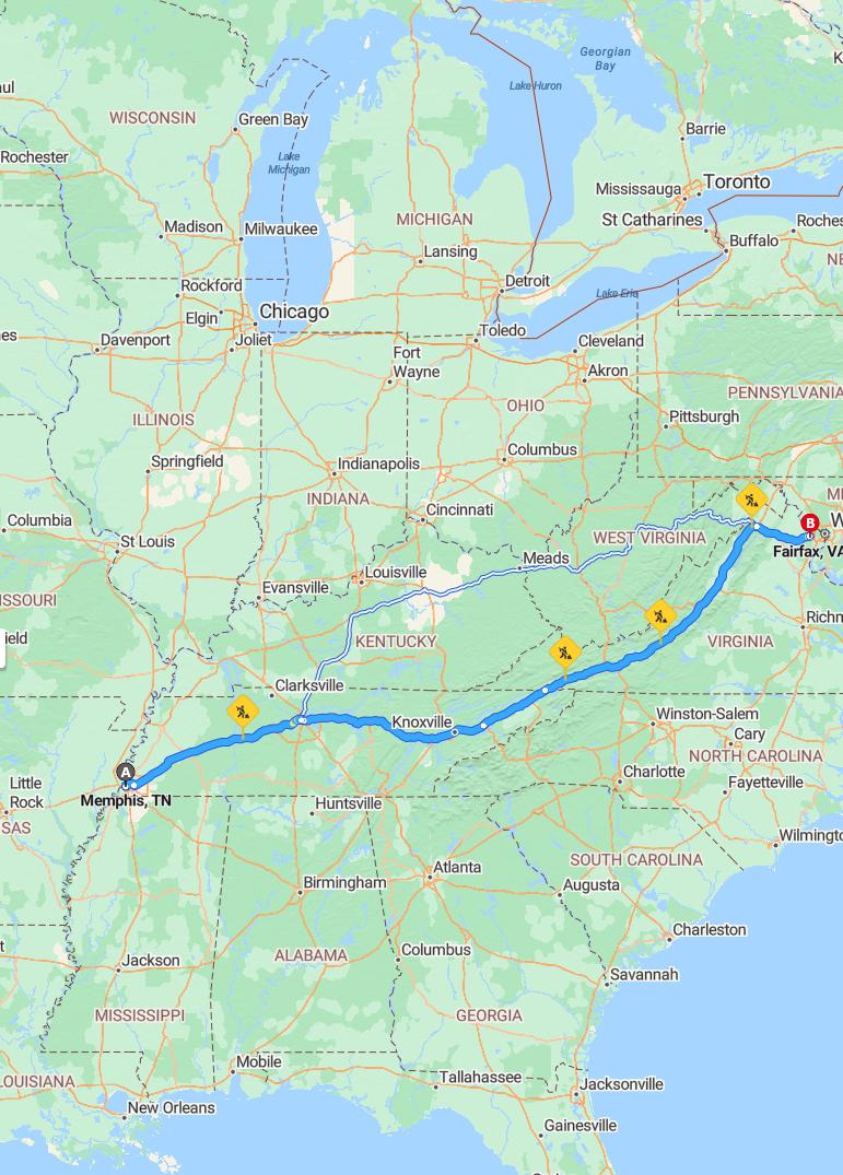 driving from Memphis, Tennessee to FairfaxVirginia - map and route