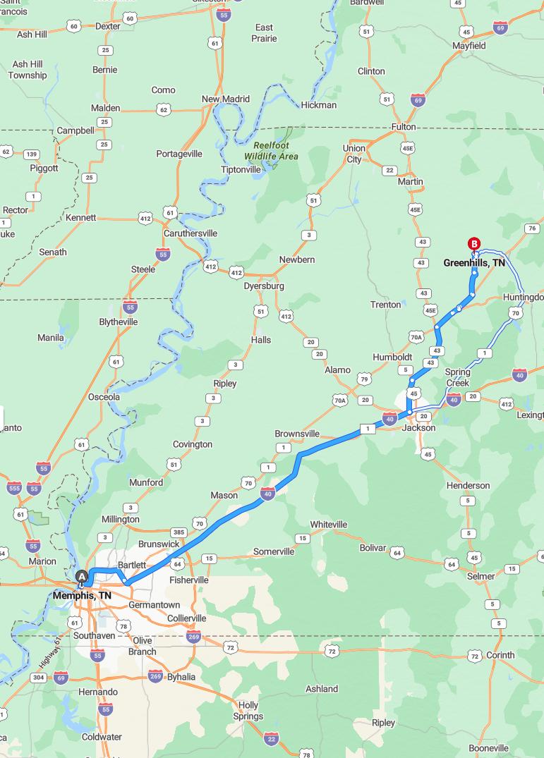 driving from Memphis, Tennessee to GreenhillsTennessee - map and route