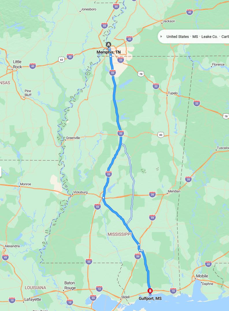 driving from Memphis, Tennessee to GulfportMississippi - map and route