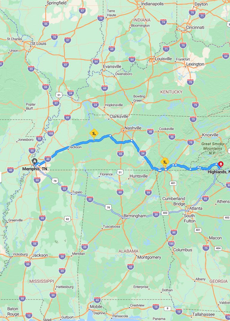 driving from Memphis, Tennessee to HighlandsNorth Carolina - map and route