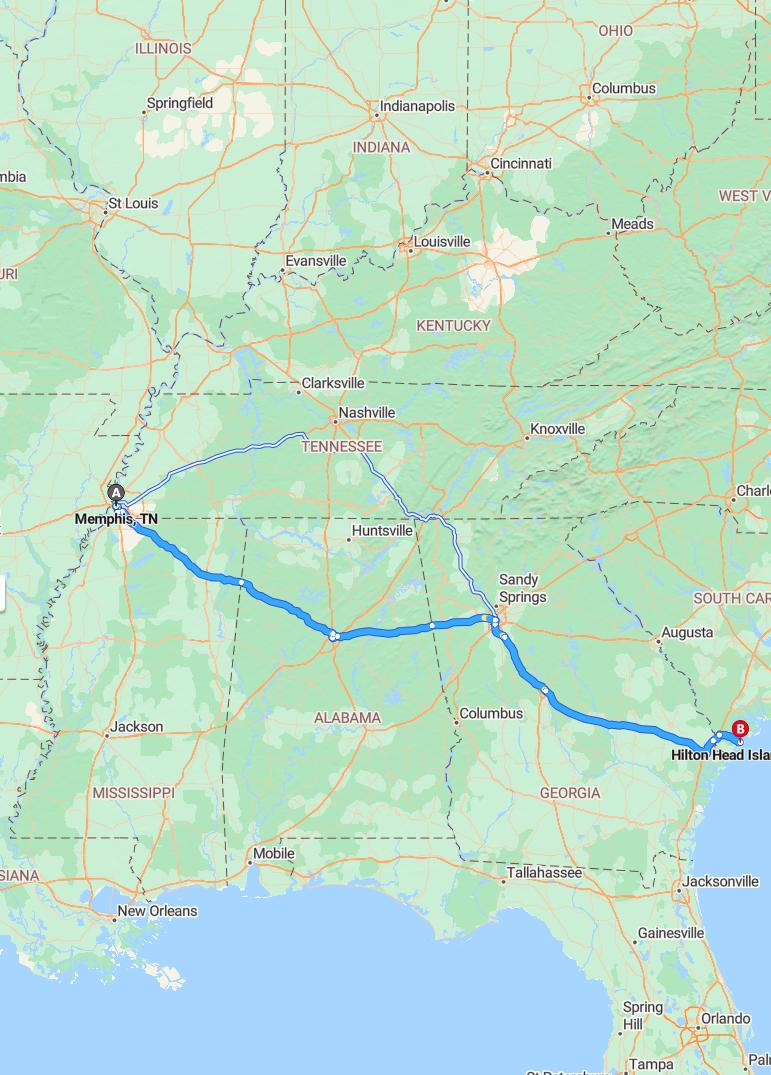 driving from Memphis, Tennessee to Hilton HeadSouth Carolina - map and route