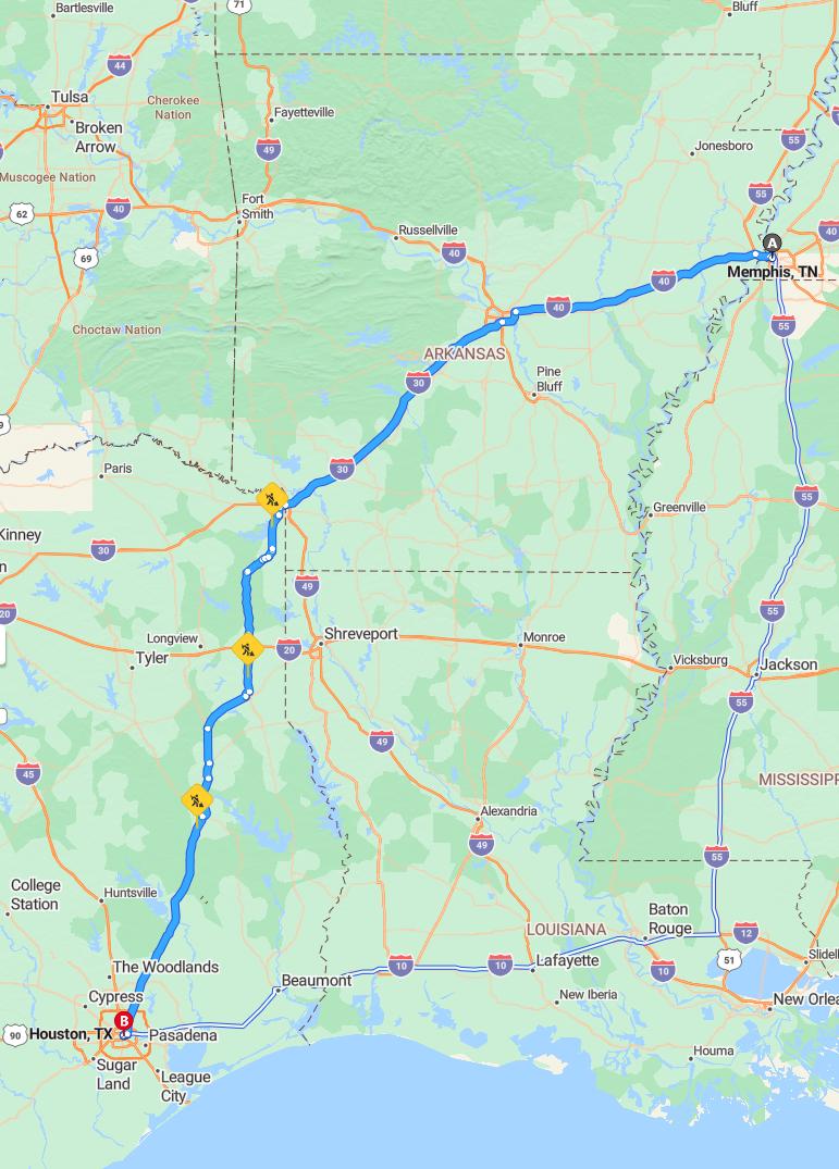 driving from Memphis, Tennessee to HoustonTexas - map and route