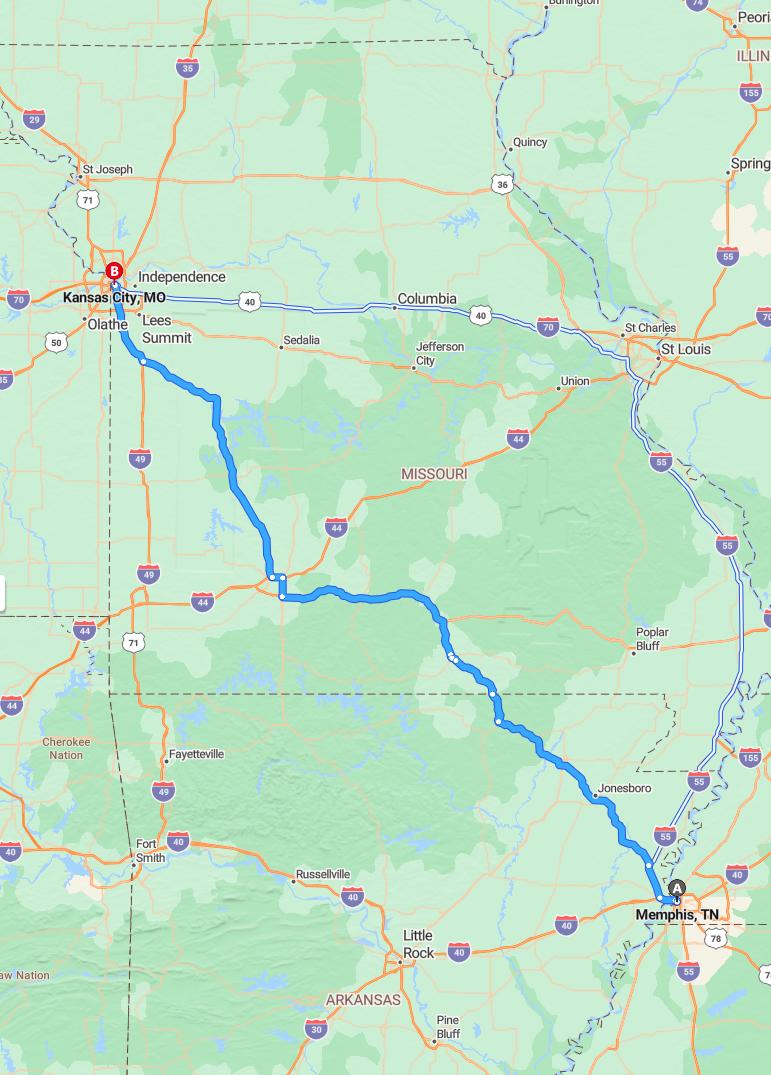 driving from Memphis, Tennessee to Kansas CityMissouri - map and route