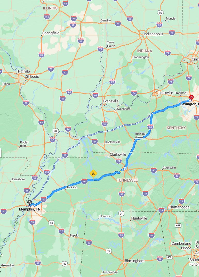 driving from Memphis, Tennessee to LexingtonKentucky - map and route